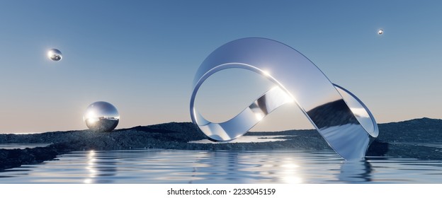 3d render  abstract futuristic background  northern panoramic landscape  fantastic scenery and calm water  geometric glossy chrome infinity shape   blue gradient sky  Minimal aesthetic wallpaper