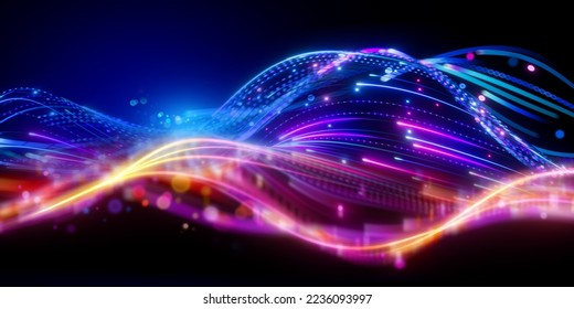 3d render. Abstract futuristic background with blurry glowing wave and neon lines. Spiritual energy concept, digital fantastic wallpaper with