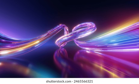 3d render. Abstract futuristic background of dynamic neon lines glowing in the dark, floor reflection.