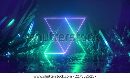 3d render, abstract futuristic background with cosmic terrain, crystals and glowing geometric shape. Fantastic neon wallpaper