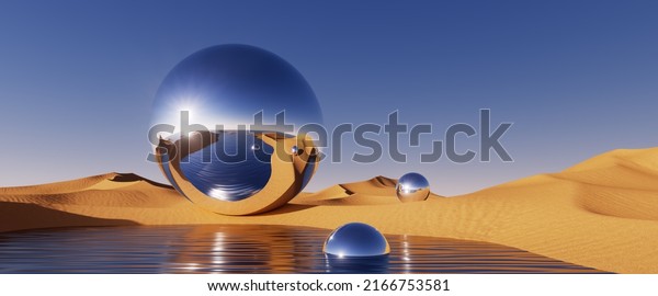 3d render, abstract futuristic background. Desert landscape with sand water and glossy metallic balls under the clear blue sky