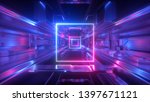 3d render, abstract futuristic geometric background, glowing square frame inside long tunnel, corridor, ultraviolet neon light, space station interior, virtual reality space