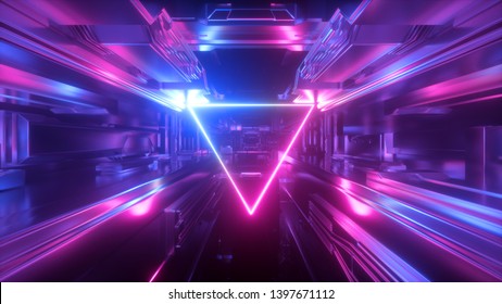 3d Render, Abstract Futuristic Geometric Background, Glowing Triangular Shape Inside Long Tunnel, Corridor, Ultraviolet Neon Light, Space Station Interior, Virtual Reality Space