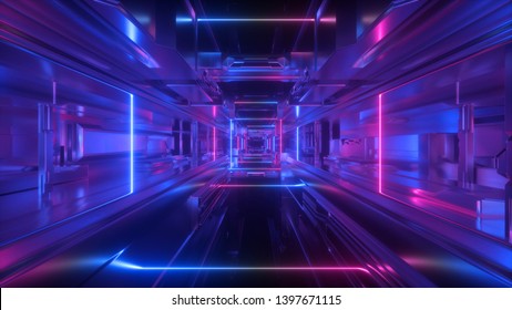 3d Render, Abstract Futuristic Geometric Background, Glowing Lines Inside Long Tunnel, Corridor, Ultraviolet Neon Light, Space Station Interior, Virtual Reality Space