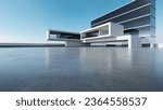 3d render of abstract futuristic modern glass architecture with empty concrete floor.