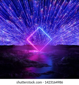 3d Render, Abstract Futuristic Neon Background, Pink Blue Fireworks Over Cosmic Landscape, Glowing Square Frame, Rhombus Shape, Ultraviolet Light, Virtual Reality Space, Energy Source, Wet Ground