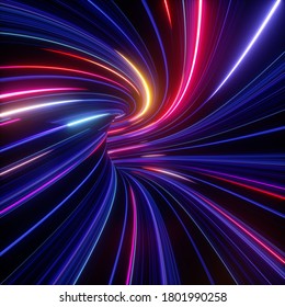3d render, abstract futuristic neon background, ultraviolet tunnel with rays, glowing lines speed of light, cyber network, highway night lights - Shutterstock ID 1801990258