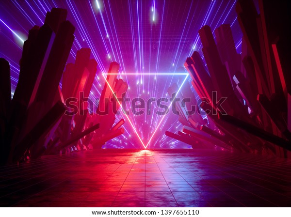 3d render, abstract futuristic neon background,\
meteor shower in ultraviolet night sky, pink red fireworks above\
crystal rocks, cosmic landscape, neon triangle, glowing triangular\
shape