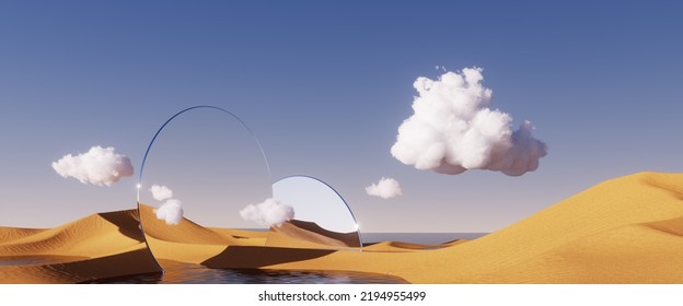 3d Render, Abstract Futuristic Panoramic Background. Desert Landscape With Sand Dunes, White Clouds And Geometric Shapes Under The Clear Blue Sky. Minimalist Aesthetic Wallpaper