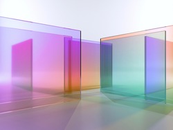 3d Render, Abstract Geometric Background, Translucent Glass With Colorful Gradient, Simple Square Shapes