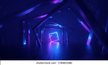 3d render, abstract geometric background with neon light, cosmic wallpaper with polygonal structure, square frame inside the tunnel, ultraviolet spectrum