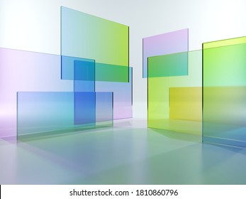 3d render  abstract geometric background  translucent glass and colorful gradient  simple square shapes
