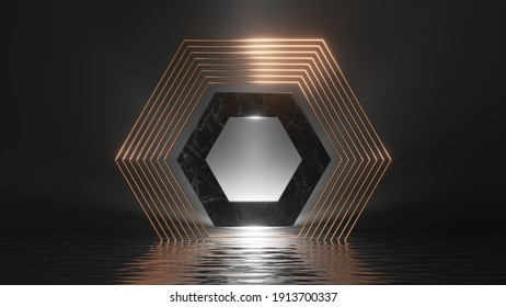 3d render, abstract geometric background. Modern minimal showcase for product presentation, simple dramatic scene with shiny golden frames, marble hexagon and reflections in the water