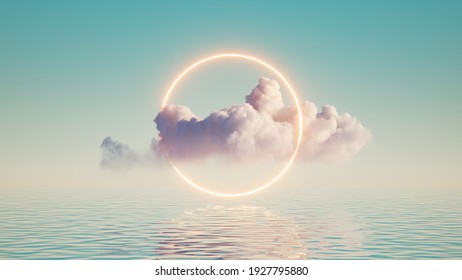 3d render, abstract geometric background, white cloud and glowing neon round frame. Illuminated cumulus. Minimal futuristic seascape with reflection in the water