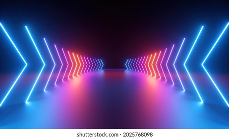 3d Render, Abstract Geometric Background With Neon Glowing Arrows, Forward Direction Concept