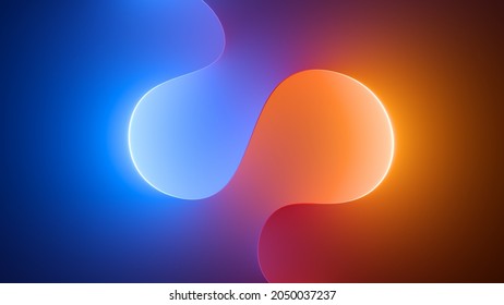 3d renderizado, fondo geométrico abstracto iluminado con luz de neón azul naranja. Línea ondulante. Papel de escritorio mínimo futurista