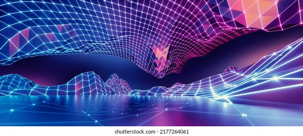 3d render  abstract geometric background  virtual reality environment  cyber space landscape and mountains  Mesh surface glowing and neon light