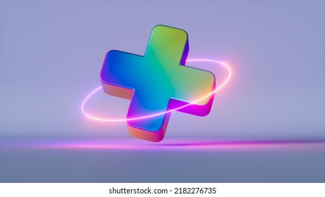 3d Render, Abstract Geometric Background, Iridescent Holographic Plus Sign, Cross Symbol With Pink Neon Ring