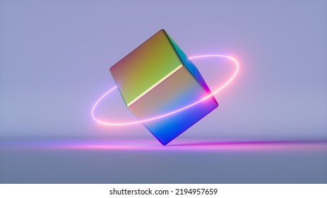 3d Render, Abstract Geometric Background, Iridescent Holographic Metallic Cube With Pink Neon Ring