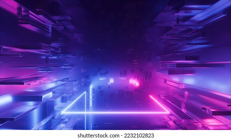 3d render  abstract geometric background and shapes   neon lines glowing in ultraviolet light