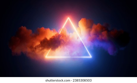 3d render, abstract geometric background of neon linear triangle inside the illuminated colorful cloud, futuristic minimalist wallpaper