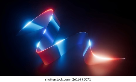 3d render. Abstract geometric background. Curvy ribbon glowing with bright neon light in the dark. Blue and red gradient. Modern wallpaper with aesthetic vibes