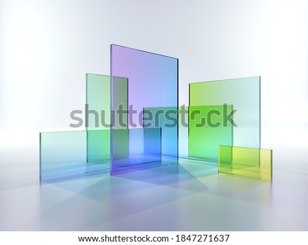 3d render, abstract geometric background, translucent glass with colorful gradient, simple square shapes