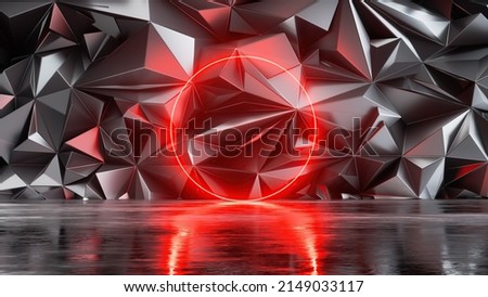 3d render, abstract geometric background with metallic faceted texture and red neon glowing ring, modern wallpaper. Power energy concept. Round laser frame with reflection on the wet floor