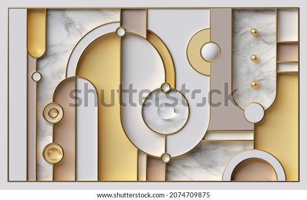 3d render, abstract geometric background with pastel curvy shapes, white marble texture and golden lines. Art deco wallpaper