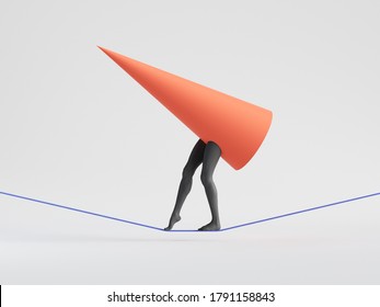 3d render. Abstract geometric cartoon character, tightrope walker. Red cone with black mannequin legs walks on rope. Dangerous trick. Balance metaphor. Minimal clip art isolated on white background.