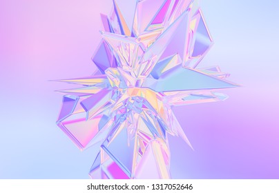 3d Render. Abstract Geometric Crystal Background, Iridescent Texture, Faceted Gem.