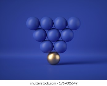 3d Render, Abstract Geometric Design: Triangle Of Blue Balls With One Golden Ball, Isolated On Blue Background. Balance, Gravity, One Of A Kind Exception Concept. Matrix Of Primitive Shapes