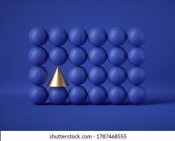 3d Render, Abstract Geometric Design: Gold Cone Amongst Blue Balls Isolated On Blue Background. Balance, Gravity, One Of A Kind Exception Or Mismatch Concept. Matrix Of Primitive Shapes