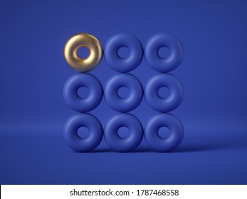 3d Render, Abstract Geometric Design: Golden Torus Amongst The Blue Donuts Isolated On Blue Background. Balance, Gravity, One Of A Kind Exception Concept. Matrix Of Primitive Shapes