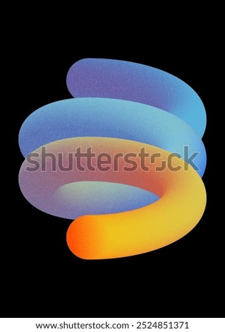 3d render. Abstract geometric flexible spiral colored with orange blue neon gradient. Simple curvy line isolated on black background. Primitive shape with grainy film noise effect