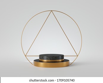 3d Render, Abstract Geometric Golden Frame, Black Marble Pedestal Isolated On White Background. Modern Minimal Concept. Vacant Platform, Empty Stage, Blank Podium. Premium Design.