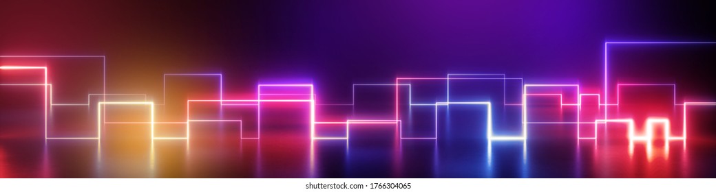 3d render, abstract geometric neon background, wide panorama with ultraviolet glowing lines.