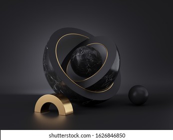 3d Render, Abstract Geometric Shapes, Black Minimal Background. Marble Core Ball Hidden Inside Hemisphere Shell, Isolated Objects, Stack Of Bowls, Simple Clean Style, Premium Design, Classy Decor