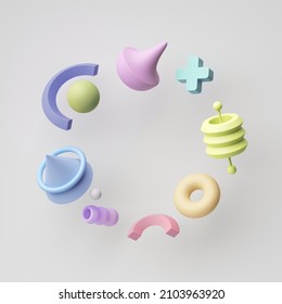 3d render  abstract geometric shapes isolated white background  colorful pastel assorted elements levitating  Set different signs   symbols