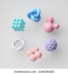 3d render  abstract geometric shapes isolated white background  pink blue violet pastel assorted elements levitating
