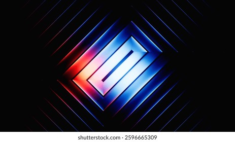 3d render. Abstract geometric shapes with blue red gradient, isolated on black background. Ribbed glass wallpaper
