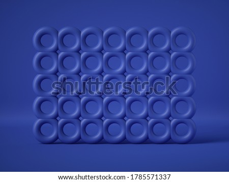 3d render, abstract geometric structure with many blue torus isolated on blue background. Matrix of primitive shapes