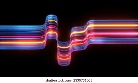 3d render, abstract geometric wallpaper of colorful wavy neon ribbon, yellow red blue glowing lines isolated on black background