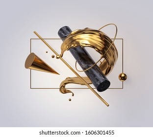 3d Render, Abstract Geometrical Composition. Modern Minimal Style. Golden Splash, Splashing Wave, Liquid Gold, Flying Primitive Shapes Isolated On White Background. Marble Cone, Ball, Tube.