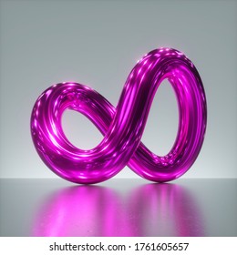 3d render, abstract geometrical shape, shiny metallic infinity loop inside white room, glossy pink chrome object isolated on light background