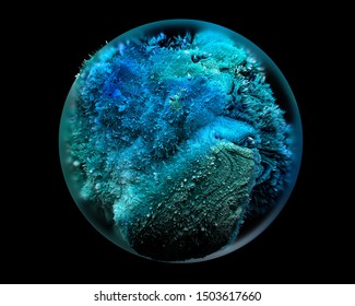 3d render of abstract glass ball with organic life inside like coral reef in intensive blue and green color on black background