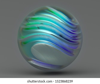 3d Render With Abstract Glass And Metal Sphere With Wavy Curved Shape In Green And Blue Gradient Color On Dark Grey Background