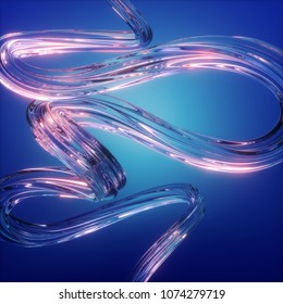 3d Render, Abstract Glass Shape, Blue Background, Clear Wavy Line, Smooth Loops