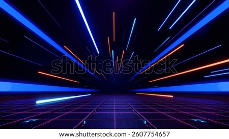 3d render, Abstract glowing neon lines in futuristic grid tunnel with red and blue streaks background