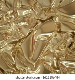 3d render, abstract gold textile background, shiny metallic fabric, crumpled golden foil, folded drapery, cloth. Premium fashion wallpaper